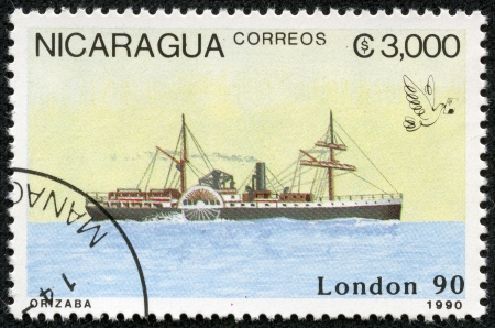 NICARAGUA - CIRCA 1990  A stamp printed in Nicaragua shows Ship, circa 1990のeditorial素材