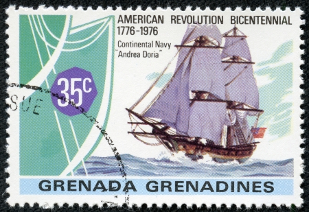 GRENADA - CIRCA 1976  A canceled stamp printed in Grenada shows image of Ancient sailing circa 1976 のeditorial素材