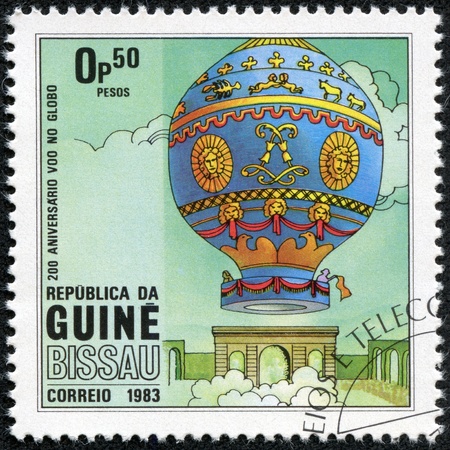 GUINEA-BISSAU - CIRCA 1983  a postage stamp printed in the Republic of Guinea-Bissau commemorative of the 200 anniversary of the first balloon flight, circa 1983 のeditorial素材