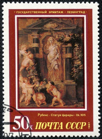 USSR - CIRCA 1987  A stamp printed in USSR, shows painting artist Peter Paul Rubens  Statue of Ceres 1612-15 ,circa 1987のeditorial素材
