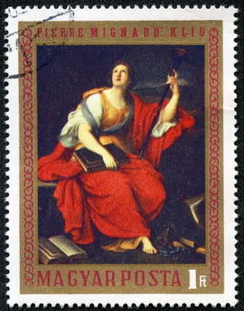 HUNGARY - CIRCA 1970  A stamp printed by Hungary, shows Clio, by Pierre Mignard, circa 1970のeditorial素材