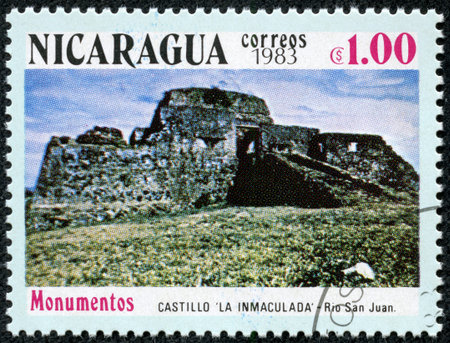 NICARAGUA - CIRCA 1983  A stamp printed in Nicaragua shows the castle La inmaculada in Rio San Juan, one stamp from series, circa 1983 のeditorial素材