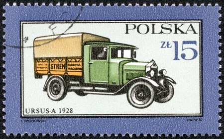 POLAND - CIRCA 1987  A stamp printed in Poland shows Truck Ursusa - 1928, circa 1987のeditorial素材