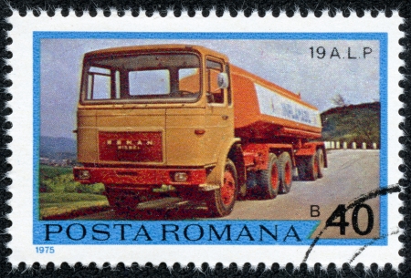 ROMANIA - CIRCA 1975  A stamp printed in Romania shows Oil tanker 19 A L P , with the same inscription, from the series  Romanian Motor Vehicles , circa 1975のeditorial素材