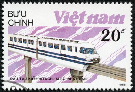 VIETNAM - CIRCA 1988  A stamp printed in Vietnam shows locomotive Hitachi-Aleg produced in Japan, circa 1988のeditorial素材