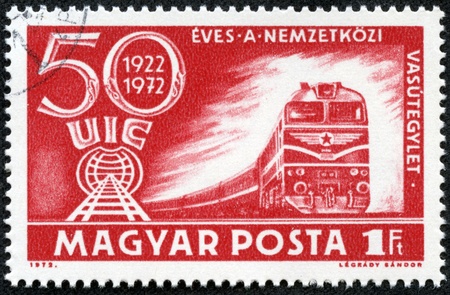 HUNGARY - CIRCA 1972  A stamp printed in Hungary shows a locomotive, circa 1972のeditorial素材