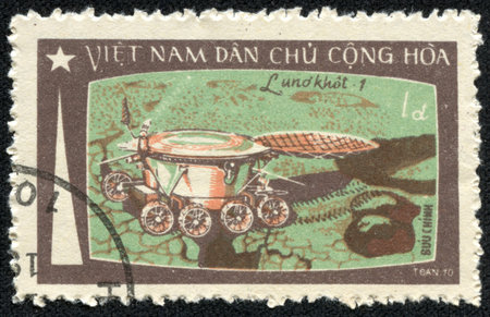 VIETNAM - CIRCA 1965  A stamp printed in Vietnam showing planet exploration circa 1965のeditorial素材