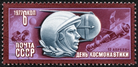 USSR - CIRCA 1977  Post stamp printed in USSR shows Yuri A  Gagarin , devoted Cosmonauts Day, circa 1977のeditorial素材