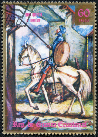 EQUATORIAL GUINEA - CIRCA 1975  A stamp printed in Equatorial Guinea shows Don Quixote, series, circa 1975のeditorial素材