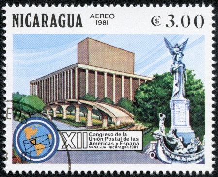 NICARAGUA - CIRCA 1981  a stamp printed in Nicaragua shows Headquarters, Postal Union of Spain and the Americas, 12th Congress, Managua, circa 1981のeditorial素材