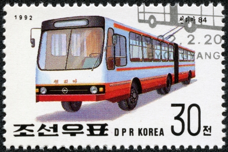 NORTH KOREA - CIRCA 1992  A stamp printed in North Korea shows motor bus, circa 1992 のeditorial素材