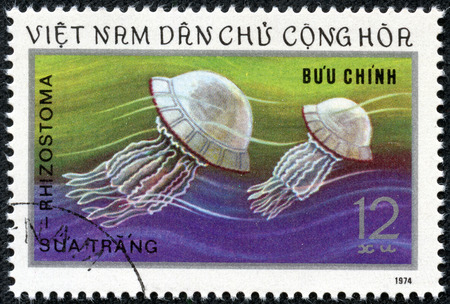 VIETNAM - CIRCA 1974  A stamp printed in Vietnam shows jellyfish, circa 1974のeditorial素材