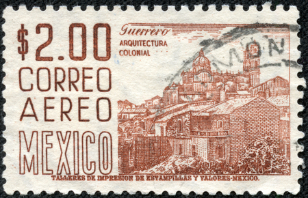 MEXICO - CIRCA 1963  A stamp printed in Mexico shows colonial architecture from Guerrero state, circa 1963 のeditorial素材
