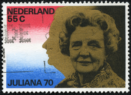 NETHERLANDS - CIRCA 1970  A stamp printed in Holland honoring Queen Juliana s 70th Birthday, circa 1970のeditorial素材