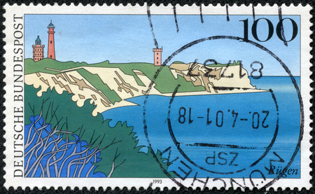 GERMANY - CIRCA 1993  a stamp printed in the Germany shows Rugen Island, Scenic Region in Germany, circa 1993のeditorial素材