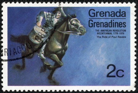 GRENADINES OF GRENADA - CIRCA 1975  A stamp printed in Grenada from the  Bicentenary of American Revolution  1976   1st issue shows Paul Revere s ride, circa 1975 のeditorial素材