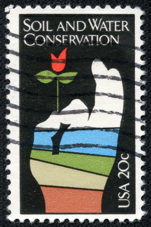 UNITED STATES OF AMERICA - CIRCA 1950  A stamp printed in USA shows image of the dedicated to the Soil and Water Conservation, circa 1950 のeditorial素材