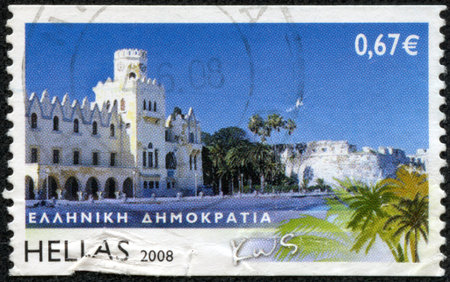 GREECE - CIRCA 2008  a stamp printed in the Greece shows Kos, Island View, Greek Island of the Group of the Dodecanese, circa 2008のeditorial素材