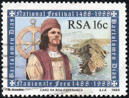 REPUBLIC OF SOUTH AFRICA - CIRCA 1988  A stamp printed in Republic of South Africa shows a man, circa 1988のeditorial素材