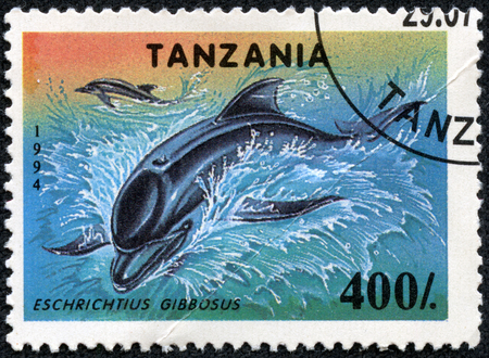 TANZANIA - CIRCA 1994  Postage stamps printed in Tanzania shows a Eschrichtius Gibbosus, with the same inscription, from the series  Endangered Species  circa 1994のeditorial素材
