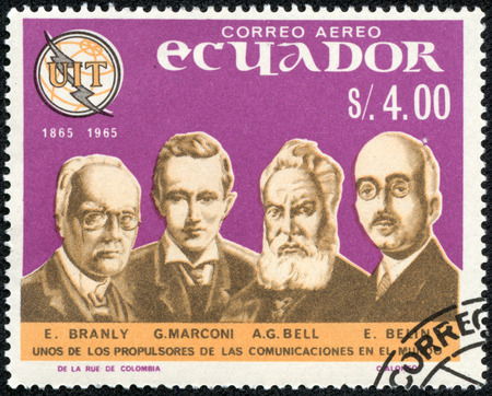 ECUADOR - CIRCA 1966  a stamp printed in the Ecuador shows E  Branly, Marconi, Bell, E  Belin, Pioneers of Telecommunications, circa 1966のeditorial素材