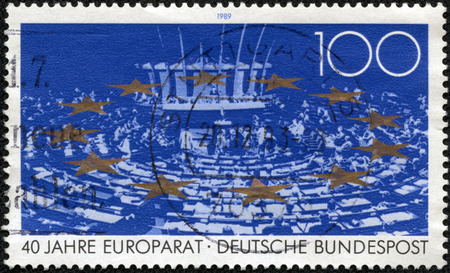 GERMANY - CIRCA 1989: a stamp printed in the Germany shows Parliamentary Assembly, Stars, Council of Europe, 40th Anniversary, circa 1989のeditorial素材