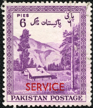PAKISTAN - CIRCA 1954  A stamp printed in Pakistan shows Mountain landscape with Kagan, Hazara District, circa 1954の写真素材