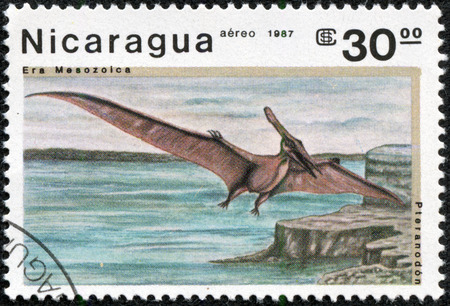 NICARAGUA - CIRCA 1987  A stamps printed in NICARAGUA showing dinosaur, series, circa 1987のeditorial素材