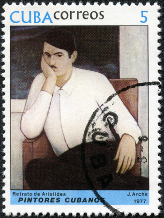 CUBA - CIRCA 1977  A stamp printed in Cuba shows the Portrait of Aristides, from the series  Paintings by Jorge Arche , circa 1977のeditorial素材