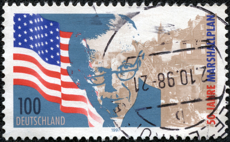 GERMANY - CIRCA 1997  A stamp printed in the Germany, dedicated to 50th anniversary of the Marshall Plan, circa 1997のeditorial素材