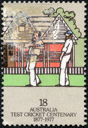 AUSTRALIA - CIRCA 1977  A Stamp printed in AUSTRALIA shows the Fielders, Centenary of Test Cricket, series, circa 1977のeditorial素材