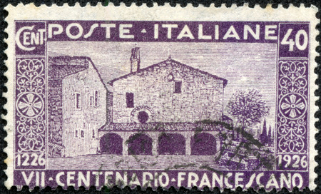 ITALY - CIRCA 1926  stamp printed by Italy, shows Monastery of St Damien, circa 1926のeditorial素材