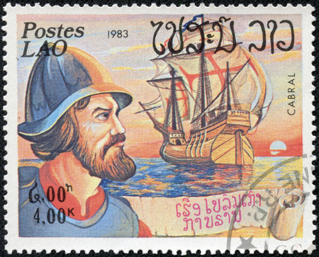LAOS - CIRCA 1983  a postage stamp printed in Laos showing an image of Pedro Alvares Cabral discoverer of Brazil, circa 1983 のeditorial素材