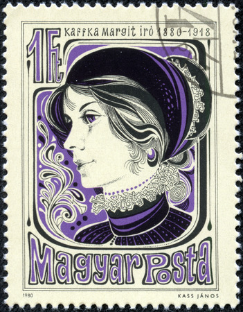 HUNGARY - CIRCA 1980  Postage stamps printed in Hungary dedicated to Margit Kaffka  1880-1918 , Hungarian writer and poet, circa 1980 のeditorial素材