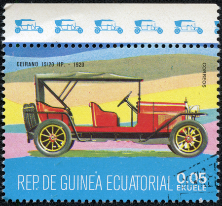 EQUATORIAL GUINEA - CIRCA 1974  A stamp printed in Guinea dedicated to vintage cars, shows Ceirano 15 20 Hp, 1920, circa 1974のeditorial素材