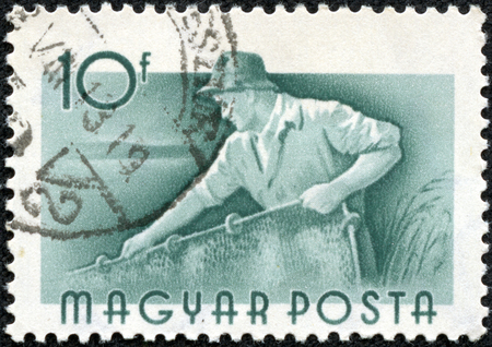 HUNGARY - CIRCA 1959  Green color stamp printed in Hungary with image of a river fisherman, circa 1959 のeditorial素材