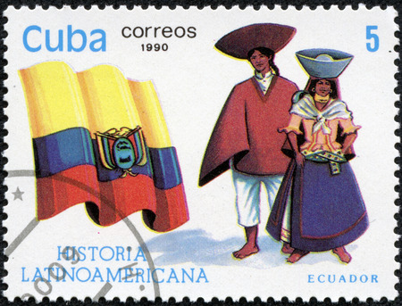 CUBA - CIRCA 1990  A stamp printed in Cuba dedicated to Latin American history, shows typical costume and flag of Ecuador, circa 1990のeditorial素材