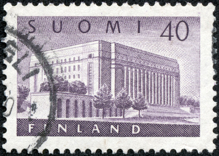 FINLAND - CIRCA 1956  a stamp printed in the Finland shows House of Parliament, Helsinki, circa 1956のeditorial素材