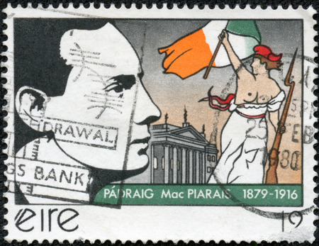 IRELAND - CIRCA 1979  A stamp printed in the Ireland shows Patrick Henry Pearse, Irish Writer and leader of Easter Rebellion, circa 1979のeditorial素材