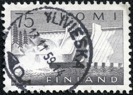 FINLAND - CIRCA 1959  a stamp printed in the Finland shows Pyhakoski Power Station, circa 1959の写真素材