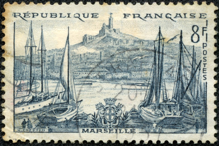 FRANCE - CIRCA 1955  a stamp printed in the France shows Port Marseilles, circa 1955の写真素材