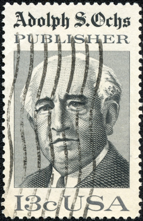 USA - CIRCA 1976  A postage stamp printed in USA, shows Adolph S  Ochs, Publisher of the NY Times, circa 1976のeditorial素材
