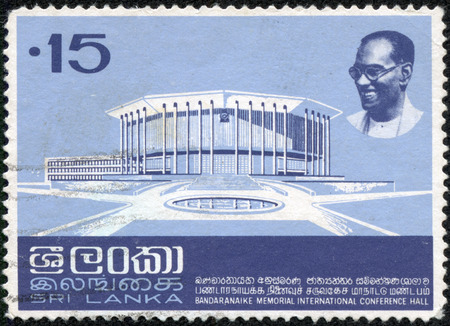 SRI LANKA-CIRCA 1973  An old Sri Lankan postal stamp shows image of Bandaranaike memorial international conference hall   Mr  S W R D  Bandaranaike, circa 1973のeditorial素材