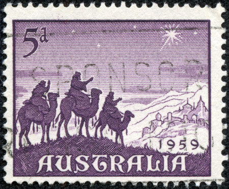AUSTRALIA - CIRCA 1959  a stamp printed in the Australia shows Approach of the Magi, Christmas, circa 1959のeditorial素材
