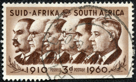 SOUTH AFRICA - CIRCA 1960  A stamp printed in South Africa, is dedicated to the 50th anniversary of the Union, show Prime Ministers Botha, Smuts, Hertzog, Malan, Strydom and Verwoerd, circa 1960のeditorial素材