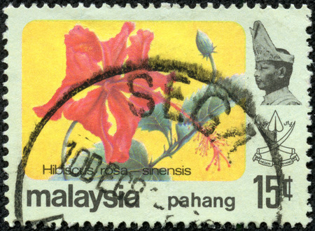 MALAYSIA - CIRCA 1986  a stamp printed in Malaysia shows Rose Mallow, Hibiscus Rosa-sinensis, Flower, circa 1986のeditorial素材