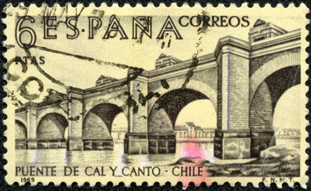 SPAIN - CIRCA 1969  A stamp printed in Spain from the  Explorers and Colonizers of America  9th series   issue shows Cal y Canto Bridge, Chile, circa 1969 のeditorial素材