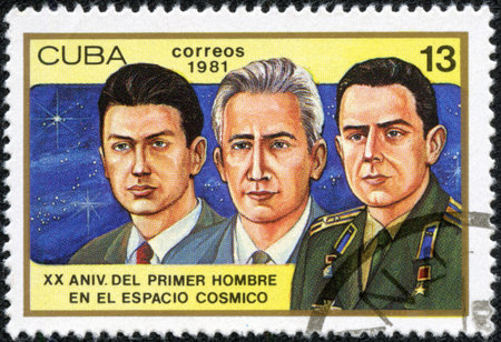 CUBA - CIRCA 1981  a stamp printed in the Cuba shows Konstantin Feoktistov, Boris Yegorov and Vladimir Komarev, Voskhod 1 Crew, 20th Anniversary of 1st Man in Space, circa 1981のeditorial素材