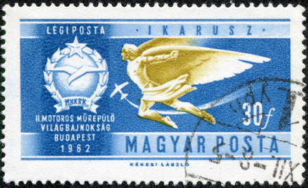 HUNGARY - CIRCA 1962  A stamp printed in Hungary shows honoring Development of Flight, shows Icarus Air, circa 1962のeditorial素材