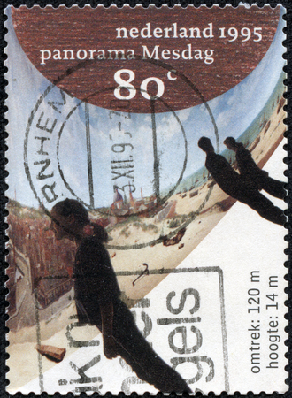 NETHERLANDS - CIRCA 1995  a stamp printed in the Netherlands shows 1994 Panorama Mesdag, by Hendrik Willem Mesdag, Mesdag Museum Restoration, circa 1995のeditorial素材